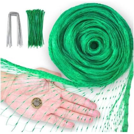 4M x 10M Filet Anti Oiseaux avec 10 Piquets de Jardin en Forme U et 50 Attaches Câble, Vert Filets Protection pour Potager Bassin Volière Arbres Plantes Étang, 004-5 (1/4)