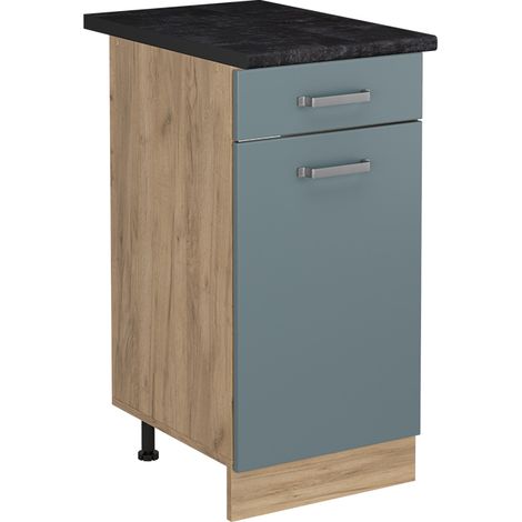 Küchenunterschrank R-Line, Blau-Grau/Goldkraft Eiche, 40 cm Arbeitsplatte Anthrazit, Vicco