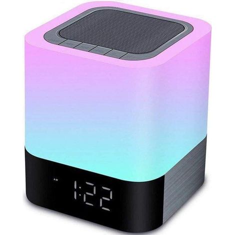 Lampe de chevet avec haut-parleur Bluetooth, ALLOMN Lampe tactile 5 en 1 à changement de couleur, veilleuse RGB à intensité variable, réveil numérique, compatible avec les cartes TF/SD, cadeau idéal p (1/3)