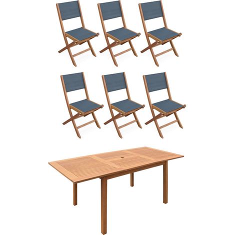 6-seater extendable wooden garden table with 6 textilene chairs, Almeria table 180cm + 6 chairs, Natural, 180x80x75 cm