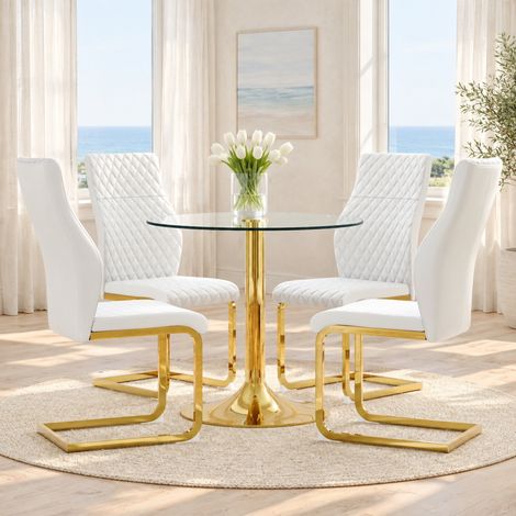 Set tavolo rotondo e 4 sedie 85 cm in vetro temperato, bianche DESVIAE (1/5)