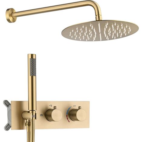 Colonne de Douche Encastrée, Or Brossé Ensemble de Douche, 10inch/255mm Systèmes de Douche, Pomme de Douche Rotative Ronde en Acier Inoxydable 304, Corps en Laiton, Autonettoyant (1/5)