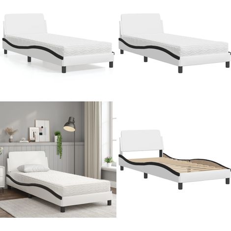 Lit avec matelas blanc et noir 90x190 cm similicuir - Lit Double - Lit Plateforme - Lit Design - Literie - Sommier Tapissier - Home & Living (1/5)