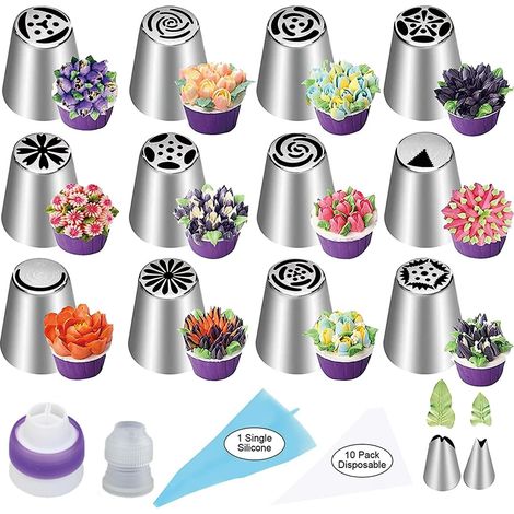 27pcs Douilles à Pâtisserie Russes, Kit Décoration de Gâteaux Sacs de Tuyauterie Buses, Compris 12 Embouts de Glaçage à Fleur 2 Embouts Feuilles 2 Convertisseur 11 Poches à Douille (27PCS Douilles) (1/5)