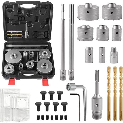 37 pcs Forets à Béton, Scie Cloche Beton 30/40/50/65/80/100/110mm, Carotteuse Beton avec Adaptateur SDS Plus 110 mm, 300 mm et Couronne de Forage sds Max, Trépan Béton (1/5)