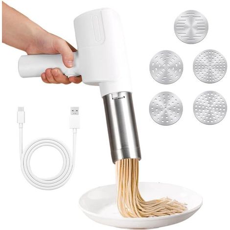 Macchina per la pasta elettrica portatile con batteria ricaricabile da 2000 mAh e 5 stampi intercambiabili per pasta fresca e spaghetti.