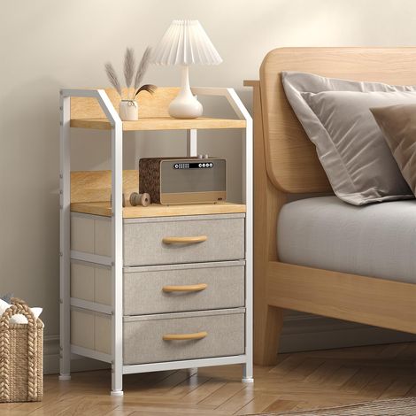 Comodino con 3 cassetti in tessuto e ripiano aperto, piano in legno e struttura in metallo, tavolino per spazi ridotti, cachi (1/5)