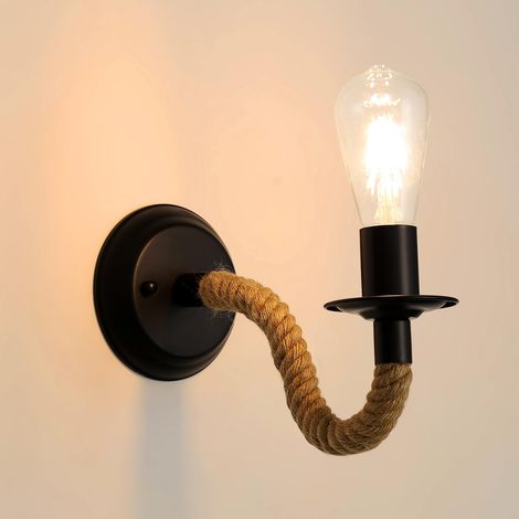 Applique Murale Vintage E27, Lampe Murale en Corde de Chanvre, Luminaire Rétro pour Couloir Loft Chambre Café Bar (sans Ampoule)