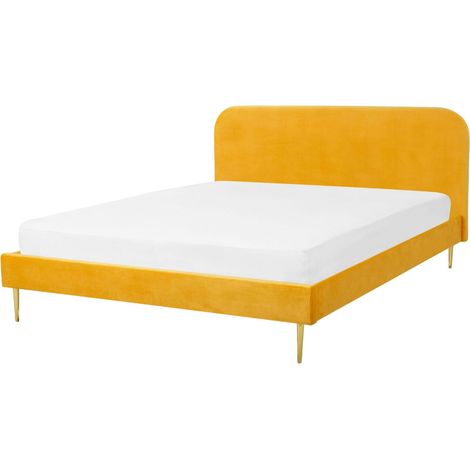 Lit Double 140 x 200 cm Tapissé en Velours Jaune avec Pieds Dorés et Sommier à Lattes Inclus Idéal pour Chambre au Design Glamour et Rétro Beliani