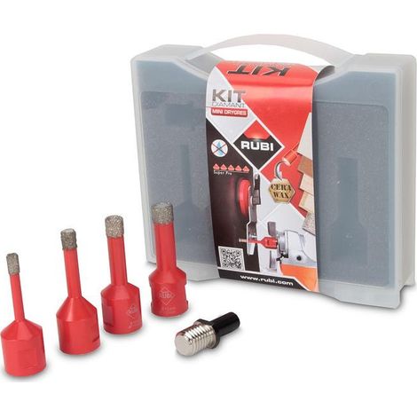Rubi – Kit trépans diamant Mini Drygres 6-8-10-12mm – Perçage à sec pour grès cérame et pierre naturelle – Adaptable sur meuleuse et perceuse