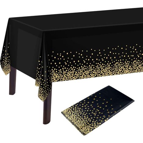 Set of 2 rectangular plastic tablecloths with black and gold polka dots - 137 x 274 cm - Birthday decorations (1/5)