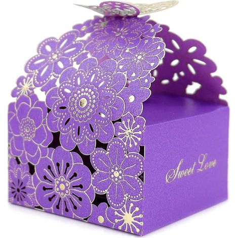 Set mit 50 ausgestanzten Schachteln in Schmetterlings- und Blumenform für Süßigkeiten, Kekse oder Geschenke, hübsche Schokoladenschachteln für Geburtstagsfeiern (lila, S)