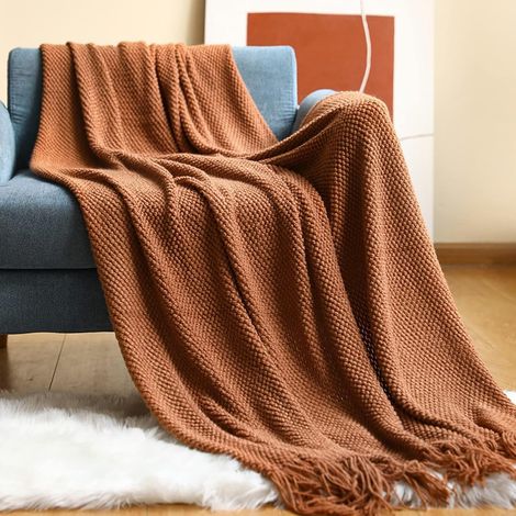 Couverture Tricotée Gland Jetés De Lit Couleur Solide Grille D'ananas Nordique Chaud Jeté Tapis à La Mode Doux Couverture Jeté De Canapé Couvre-Lit Décorative 130×230cm (1/5)