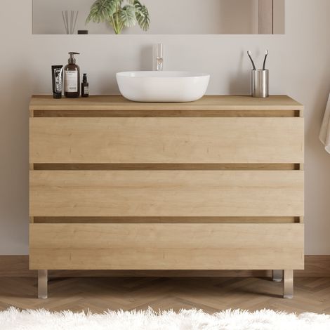 Meuble de salle de bain 120cm avec plateau et vasque à poser arrondie - 3 tiroirs - sans miroir - nebraska (chêne clair) - MAYOR (1/5)