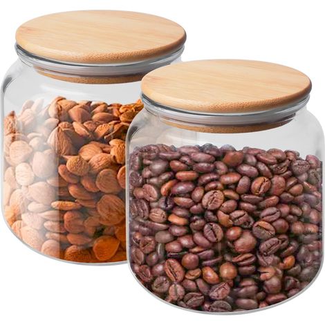Set di 2 barattoli in vetro con coperchi ermetici, 500 ml, con coperchi in bambù, per cucinare, caffè, spezie, cereali
