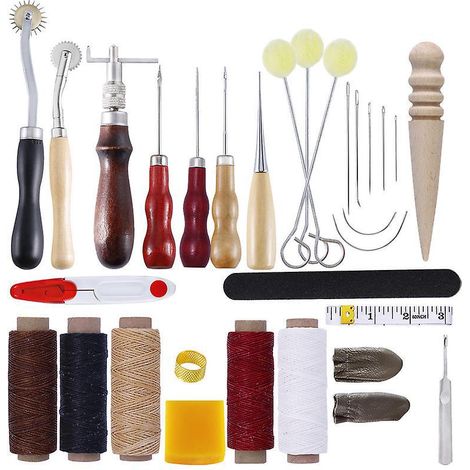 31pcs-cuir Outils Kit De Rparation La Main Artisanat Cuir Fil Cir 8 Couleur Avec Aiguilles Coudre Ciseaux Ruban Mesurer Pour Cuir De Couture Ch (1/5)