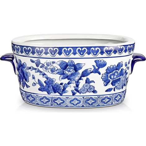 Grand pot en céramique bleu et blanc de 26,9 cm – Pot de fleurs ovale vintage pour plantes d'intérieur, fleurs et plantes succulentes – Bol décoratif de style porcelaine chinoise émaillée (1/5)