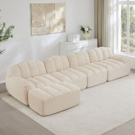Canapé modulaire 4 places, Canapé d'angle en L sans cadre, forme de coque, 1 pouf, coussins d'assise profonds, aucun assemblage requis, Beige et Blanc