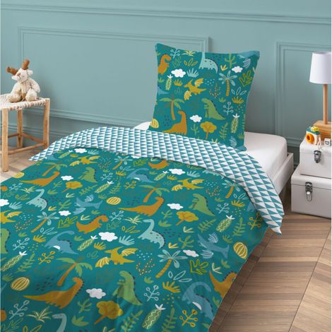 Parure de lit enfant réversible dinosaure 140x200cm – 100% coton – Tissage 57 fils/cm² – Certification OEKO-TEX® – (1/4)
