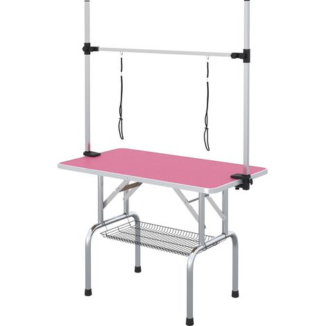 Table pliable toilettage chien avec panier métallique barre acier inoxydable ajustable rose 107x60x164 cm
