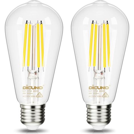 Ampoule LED E27 Ultra Efficient, Classe A, 4W=60W, 4000K, Lot de 2 Blanc neutre, 850lm, Verre, ST58 vintage à filament, Ampoule décorative pour salon chambre cuisine (1/5)