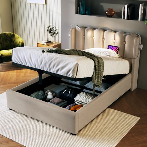 Letto imbottito Letto singolo Lampada da lettura con funzione di ricarica Testiera con contenitore Giroletto in lino Letto per ragazzi 90x200 con rete a doghe, naturale (senza materasso) OKWISH (1/5)