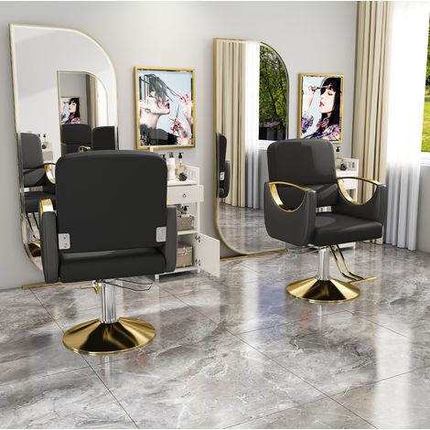 Friseurstuhl 360° Drehbar mit Hydraulischer Höhenverstellung, Fußstütze, Kunstleder und Eisen, Schwarz-Gold (1/5)
