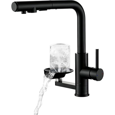 Robinet Cuisine 3 Voies Noir Douchette avec Filtre Lave Verre Double Sortie (1/5)