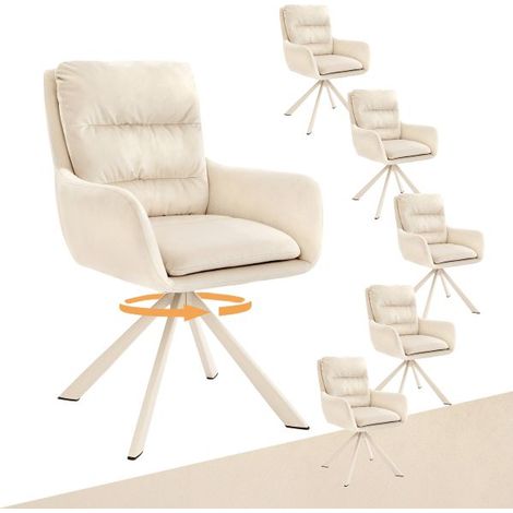 Bon Furni Velours Chaise de salle à manger Blanc Ivoire, Lot de 6, pivotante 360°, dossier segmenté, accoudoirs et pieds blancs assortis