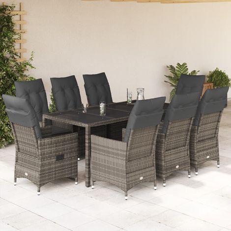 9-tlg. Garten-Essgruppe mit Kissen Grau Poly Rattan vidaXL