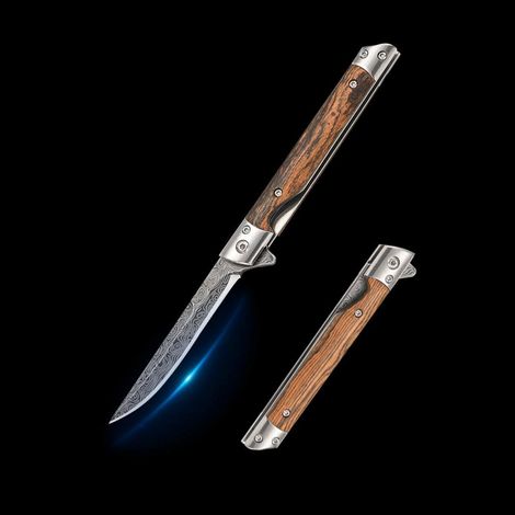Couteau de poche Damastmuster acier inoxydable avec manche en bois et étui en cuir