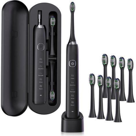 Brosse à dents électrique sonique S100 blanche à 8 têtes - Rechargeable par USB, étanche, avec 8 têtes de brosse (1/5)