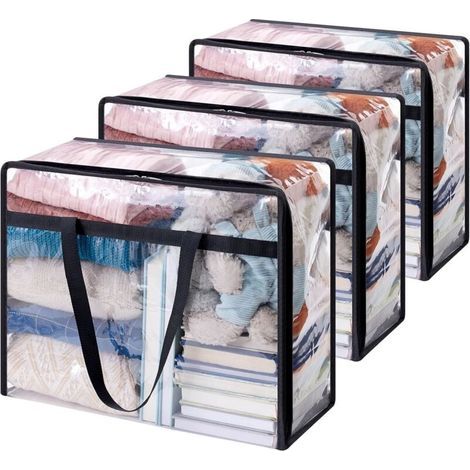 Lot de 3 sacs de rangement transparents 40L, en PVC, pour vêtements, couvertures, jouets, livres, etc. Idéal pour les déménagements. Marque : . (1/4)