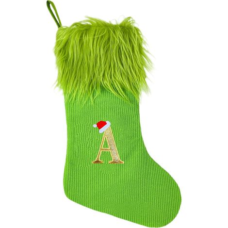 Chaussette De Noël - Vert - Tricotée - Avec Initiale - 47 X 26 X 2 Cm - Pour Décoration De Sapin Ou Cheminée - 1 Pièce (1/5)