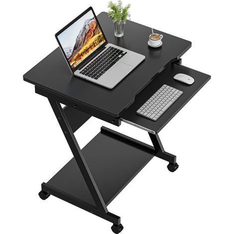 Dripex Table Informatique avec roulettes, Bureau d'Ordinateur en Forme Z avec Support Clavier Coulissant, Bureau Mobile pour la Maison et Le Bureau, 60 x 48 x 73 cm, Noir (1/5)