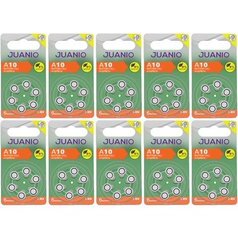 Lot de 60 Piles bouton Zinc Air Type A10/10 1,45V compatibles PR70 pour appareils auditifs - Juanio - (1/2)