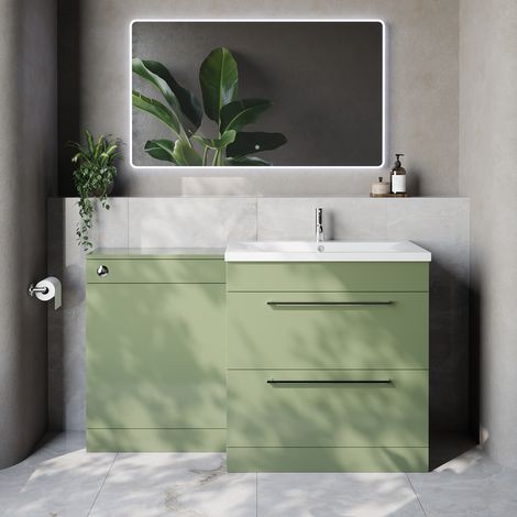 Napoli 460 Cento Olive Green 1400mm 2 Drawer Vanity Unit Toilet Suite with Glide Basin - 1400mm - Chrome 480mm HandleWithout Kingston Toilet Pan