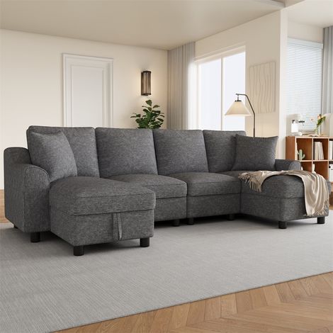 Canapé Panoramique en U Tissu Chenille - 280x137x84 cm - Canapé Modulaire 4 Places avec Doubles Méridiennes Coffres - Gris (1/5)