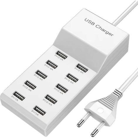 White Multi-USB Charger, 50W, Charging Station, 10 Ports, Single Port 5V/2.4A/1A, USB Power Supply, Charging Station (1/5)