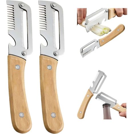 Éplucheur Légumes 3 en 1 avec Manche Bois, Lame Acier Inox Multifonction, Décapsuleur Intégré pour Fruits et Cuisson Quotidienne (1/5)