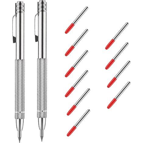 Pointe a Tracer Metal, 2 Pièces Stylo à Tracer de Poche avec 8 Pointes de Stylet, Stylo à Tracer avec Aimant avec Moletage Antidérapant, pour Bois, Céramique, Verre (1/5)