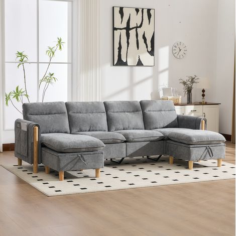 Divano Modulare a 4 Posti con 2 pouf contenitore, in chenille grigio chiaro, 261x77x86 cm, per soggiorno (1/5)