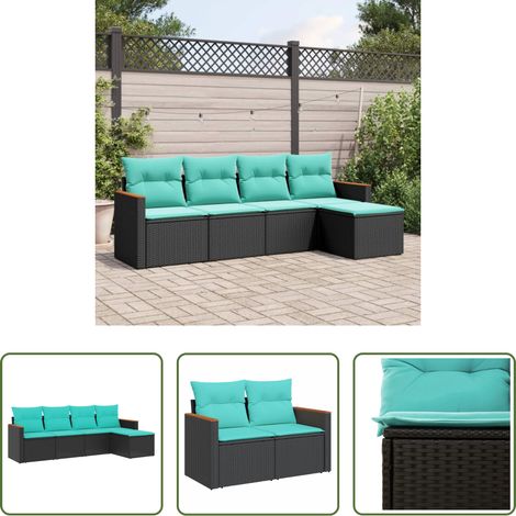 Gartenmöbel - 5-teiliges Gartensofa-Set mit Kissen, schwarzes Polyrattan (1/5)