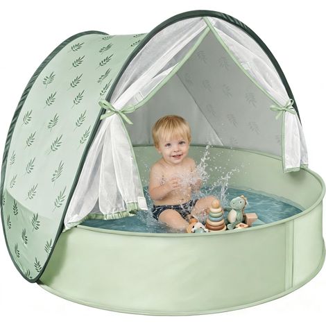 Tente de Plage Bébé avec Piscine, 3-en-1 Version Améliorée Pop-Up UPF 50+ Anti-UV, Abri avec Moustiquaire, Portable pour Bébé, Plage, Jardin, Intérieur (Vert) (1/5)
