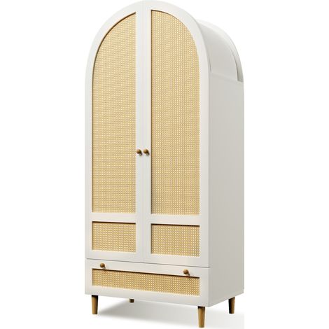 Armario ropero blanco 80x50x180 cm en MDF con efecto ratán, puertas arqueadas y cajón (1/5)