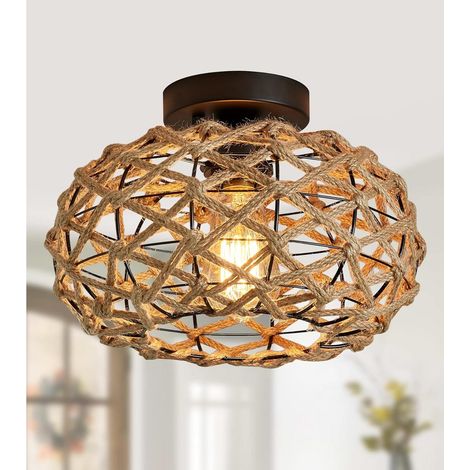Plafonnier semi-encastré style bohème, rotin tressé Luminaire rustique, plafonnier vintage en rotin tressé, avec structure ajourée, idéal pour les couloirs, salons, salles à manger, chambres et bureau