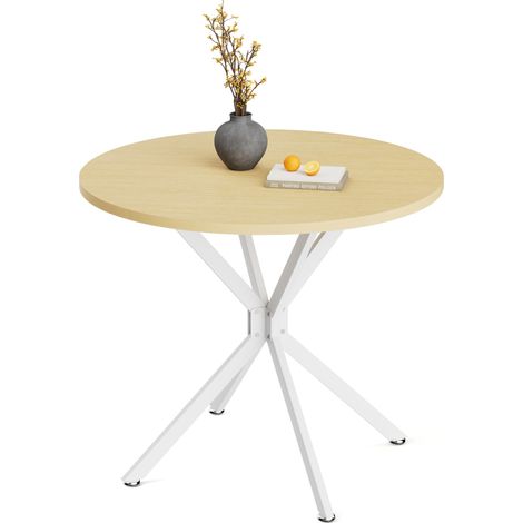 Pour 1 à 4 personnes, montage simple et entretien facile, table de cuisine ronde 90 cm, pieds en métal stables blanc et bois (1/5)