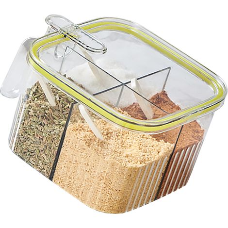 Boîte à épices transparente à 4 compartiments, avec couvercle et cuillère, de couleur verte. (1/5)