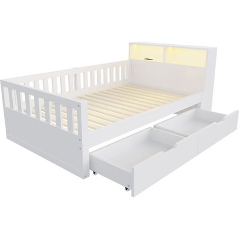 Letto singolo multifunzione 90 x 200 cm con cassetti, LED e prese, bianco (1/5)