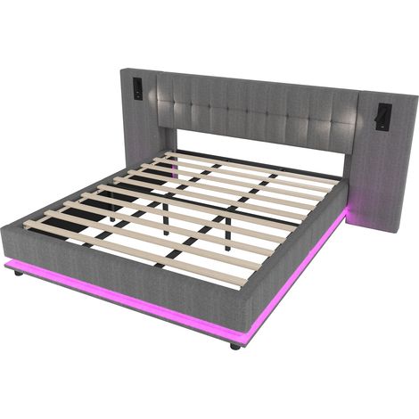 Cama tapizada 180 x 200 cm de lino gris con LED, luz de lectura y USB, sin colchón (1/5)